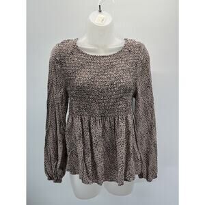 Urban Romantics Blouse Women Large Cream Black Dotted Smock Long Sleeve Peplum